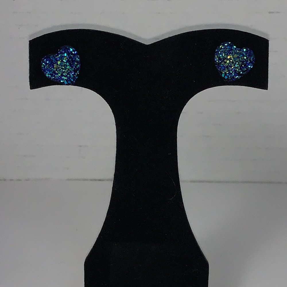 Dark Blue Glitter Heart Post Earrings